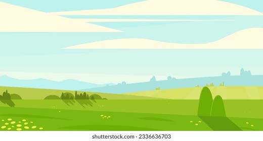 Kartoonenlandschaft. Landschaftsszene mit Grasgras und Blumen, Landfeld mit Busch. Vektorlandschaftsbild, Illustration der ländlichen Wiese