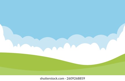 Cartoon meadow landscape summer green field view spring grass hills and blue sky background