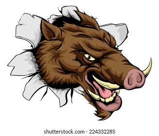 A cartoon mean Boar sports mascot bursting out of the wall or background