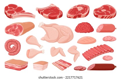 Cartoon Fleisch, Hühnerbrust, Rippen, Schweinefleisch und Rindsteak. Rohfleisch, Speck, Hamburger, Rindsteak und Wurst flache Vektorgrafik-Kollektion. Metzgerei