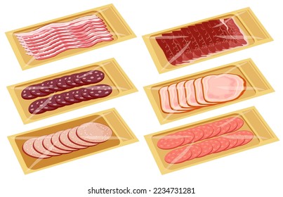 Cartoon meat delicacies trays. Keeping food in polyethylene whole package tray, plastic pack supermarket counter fresh ham, sausage, pastrami, bacon, smoked meat. Vector illustration.