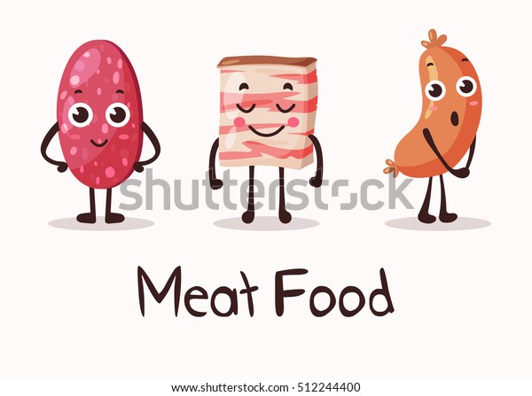 Cartoon Fleisch Essensfiguren Mit Smiley Gesichtern Frische Gourmet Kuche Stock Vektorgrafik Lizenzfrei