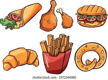 Cartoon meat food. Fried chicken legs, burger and grilled steak. Beacon, hot dogs and sausages.