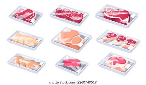 Cartoon meat pack. Frozen vacuum-packaged leg quaters sausages ham, tray with steaks pork beef lamb packed by transparent kitchen film. Vector set of food in plastic frozen illustration