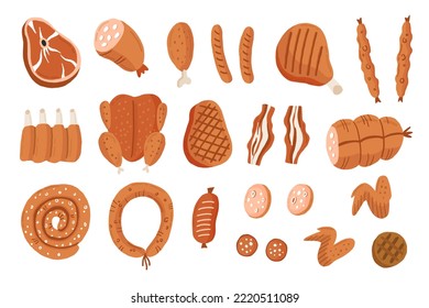 Fleischerzeugnisse aus Cartoon. Hühner, Rindfleisch, Schweinefleisch, Lamm, Würste, Steaks, Schweinefleisch, Knochenbrühe, Vollbein, Rippenbraten, Leine, Rippenchops, rustikaler Bauch, gemahlenes Fleisch, Fleischwürfel für Eintopf. Einzeln auf Weiß