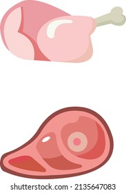 Cartoon meat products. Chicken, pork  vector set. product ingredient illustration