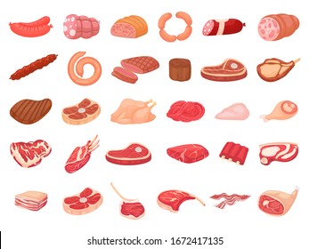 Cartoon meat products. Chicken, sausages and sausages. Steaks, pork bacon and ribs vector set. Steak chicken, sausage and bacon, product ingredient illustration