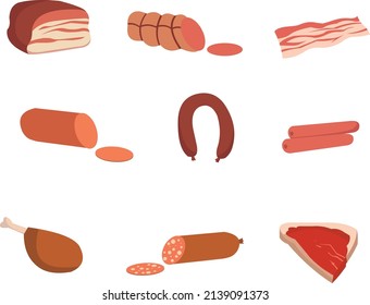 Cartoon meat products. Chicken, sausages and sausages. Steaks, pork bacon and ribs vector set. Steak chicken, sausage and bacon, product ingredient illustration