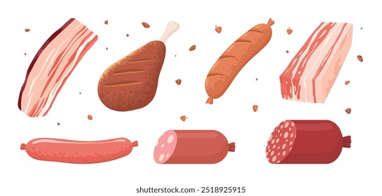 Cartoon meat products. Chicken, sausages and sausages. Steaks, pork bacon and ribs vector set. Steak chicken, sausage and bacon, product ingredient illustration on white background