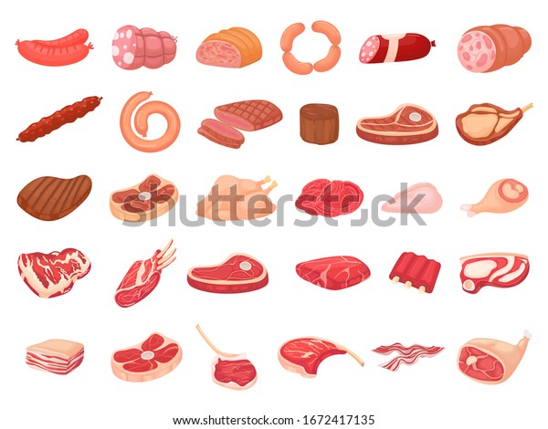 Cartoon meat products. Chicken,
sausages and sausages. Steaks, pork bacon and ribs vector set.
Steak chicken, sausage and bacon, product ingredient
illustration