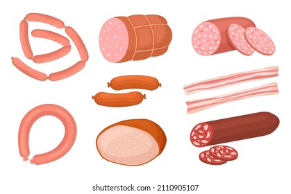 Cartoon Fleischprodukte Sammlung Würste und Frankfurter. Vektorfleisch und -mehl, Salami und Frankfurter, geräucherte Rindfleischgrafik