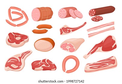 Cartoon meat products. Fresh pork sausages, raw steak, salami slices, ham, bacon, lamb leg. Barbecue product cooking ingredient vector set. Organic food for steakhouse menu, different parts