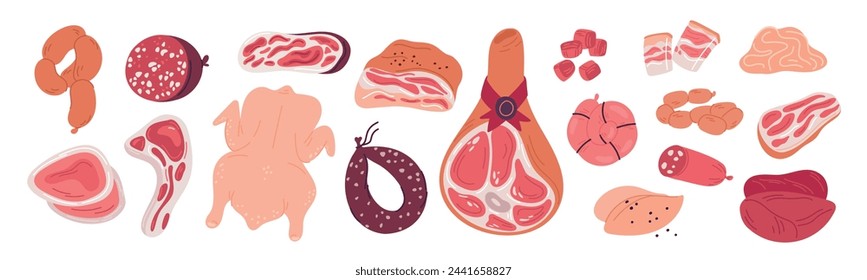 Cartoon meat products. Natural farm food. Gastronomic delicacies animal origin. Smoked sausages. Beef steaks. Pork bacon and ham. Fresh chicken or lamb. Butcher shop