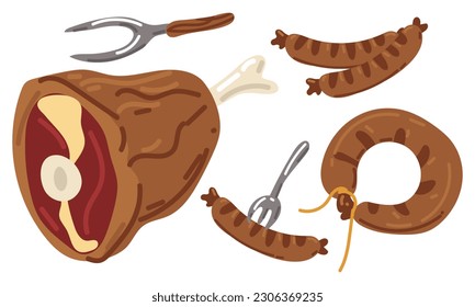 Cartoon meat products on the grill. Dried leg, sausages and sausages on a fork. A set of vector meat products. Fork, knife and meat products for snacks at Oktoberfest. Stickers