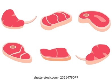 Cartoon meat products on white background. Steak chicken, sausage and bacon. Beefsteak set in flat style. Food shop. Piece of steak, fresh meat. Vector illustration.