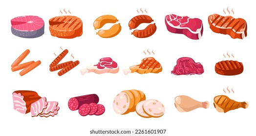 Cartoon meat products. Raw steaks sausages and forcemeat, fresh meaty ingredients for bbq, pork beef chicken sirloin stuffing, gourmet meal. Vector collection of raw steak and beef illustration