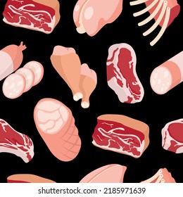 Cartoon meat products seamless pattern. Chicken and sausages. Steaks, pork, lumb and beef vector set. Fras, raw farm meat concept isolated on white background