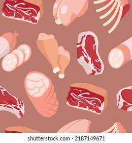 Cartoon meat products seamless pattern. Chicken and sausages. Steaks, pork, lumb and beef vector set. Fras, raw farm meat concept isolated on white background