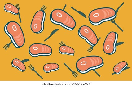 Cartoon meat products. Steaks, pork bacon vector set. Product ingredient illustration