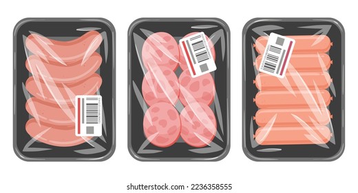 Cartoon meat sausages on plastic tray. Packed with vacuum plastic packaging meat semi-finished and sausages flat vector illustration on white background