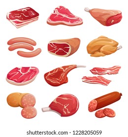 Cartoon Meat Set. Pork, Beef And Lamb Raw Meat Products And Sausages, Jerky Vector Isolated Icons