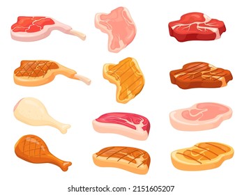 Cartoon meat tenderloin. Sliced fillet beef steak ribeye or grilled pork, cut fat raw chop for roast grill food cooking meal, isolated uncooked piece cow, vector illustration of steak beef and fillet