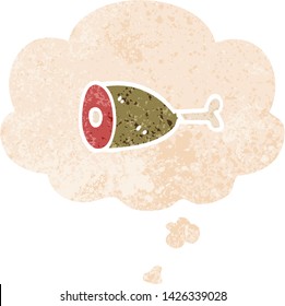 cartoon meat with thought bubble in grunge distressed retro textured style