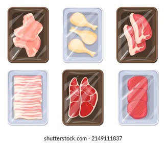 Cartoon Meat Trays. Keeping Food Frozen In Polyethylene Whole Package Tray, Butchery Product Plastic Pack Supermarket Counter Fresh Chicken Ham Beef Mockup Neat Vector Illustration Of Meat Fresh Wrap