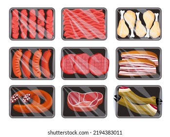 Cartoon Meat Trays. Keeping Food Frozen In Polyethylene Whole Package Tray, Plastic Pack Supermarket Counter Fresh Chicken Ham, Beef,  Burger Patty, Kebab, Ham, Bacon. Vector Illustration. 