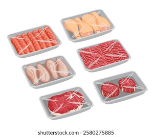 Cartoon meat trays. Keeping food in polyethylene whole package tray, plastic pack supermarket counter fresh sausages, minced meat, chicken legs, fillet, steak. Vector illustration.