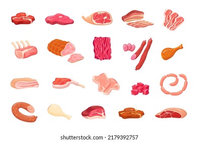 Cartoon meat variety. Pork and beef delicatessen for cooking lomo gourmet foods sausage clipart ham chicken pepperoni fresh wurst raw steak bbq bacon slice, set vector illustration of beef and ham