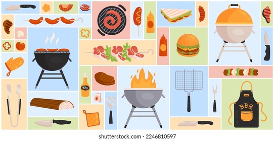 Cartoon meat and vegetables barbecue food with sauces, fork knife and skewer tools and grill equipment in square collage background. Picnic, summer party meals concept. BBQ set vector illustration.