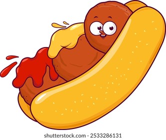 Cartoon meatball characters sub sandwich with mustard and ketchup sauces. Fast food sub sandwich with meatballs and sauces. Cute and funny street food restaurant mascot. Vector illustration