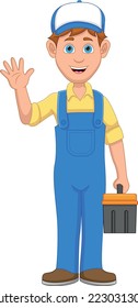 cartoon mechanic boy waving on white background