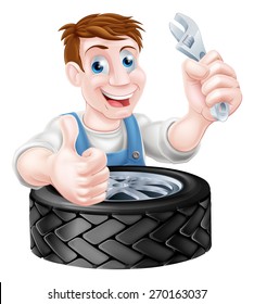 Cartoon mechanic with car tire giving a thumbs up and holding a spanner or wrench