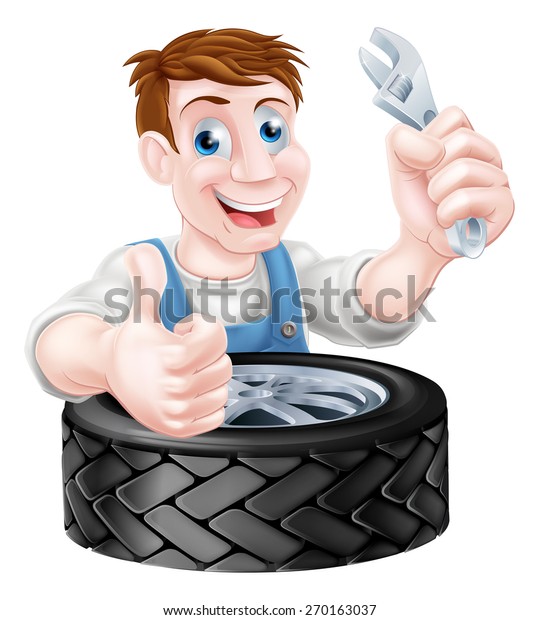 Cartoon mechanic with car tire giving a thumbs up\
and holding a spanner or\
wrench