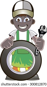 Cartoon mechanic with car tire and holding a spanner or wrench.