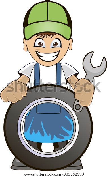 Cartoon mechanic with car tire and holding a\
spanner or wrench.