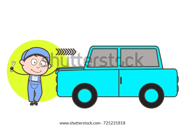 Cartoon Mechanic\
with Car Vector\
Illustration