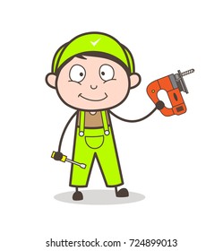 Cartoon Mechanic Holding a Drilling Machine Vector Illustration