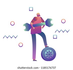 Cartoon mechanic holding a huge wrench. Vector illustration with simple gradients.