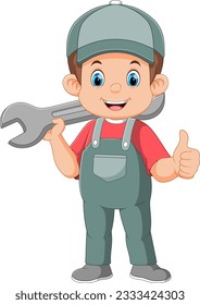 Cartoon mechanic holding a huge wrench of illustration