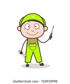 Cartoon Mechanic Holding Tools Vector Illustration