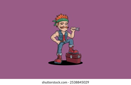 Cartoon mechanic holding a wrench with a confident pose.