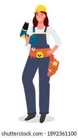 Cartoon mechanic or locksmith woman using a cordless screwdriver repairs a part in a workshop. Flat female character wearing in uniform with tools in hand. Composition with a professional