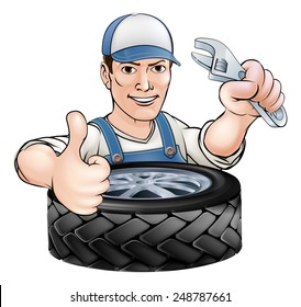 Cartoon mechanic man with wrench or spanner and car tyre (tire)