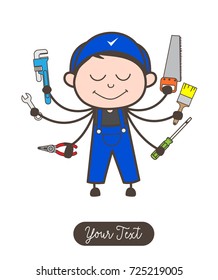 Cartoon Mechanic with Many Tools Vector Illustration