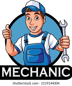 Cartoon mechanic mascot holding a spanner