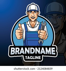 Cartoon mechanic mascot holding spanner giving thumb up