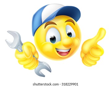 A cartoon mechanic or plumber emoticon emoji holding a spanner and giving a thumbs up